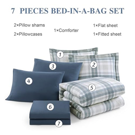 AMBERSPACE Full Size Comforter Sets, Blue Grey Plaid Bedding Set 7 Piece for Boys Girls Teen, Classic Homestead-Style Kids Comforter Set Bed in A Bag with Sheets, Pillowcases & Shams AMBERSPACE