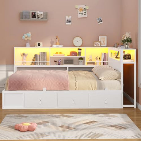 ADORNEVE Corner Bed Frame Full Size with Bookcase Storage & RGB Lights, Charging Station, Metal Daybed with 3 Drawers & 2 Open Cubbies, for Teens, Small Space, White ADORNEVE