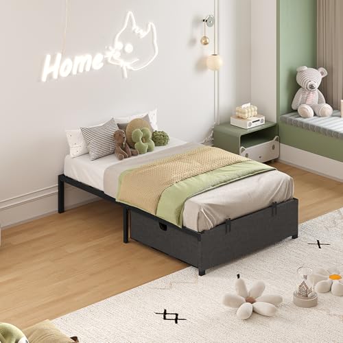 HAUOMS Twin Size Bed Frame with 2 Large Storage Drawers, Platform Bed with Drawers, Heavy Metal Slats Support, No Box Spring Needed, Noise Free, Easy Assembly, Dark Grey HAUOMS