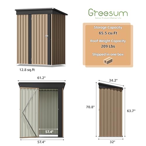 Greesum 5×3FT Outdoor Storage Shed, Metal Patio Storaged Sheds with Lockable Doors, Sheds & Outdoor Storage for Bike, Backyard, Pool and Garden, Brown Greesum