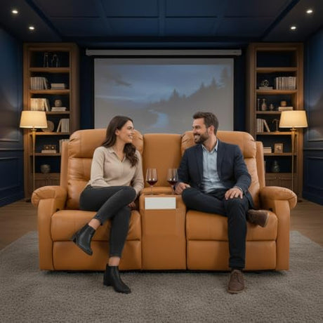 MANBUR RV Reclining Loveseat Sofa with Console, Wall Hugger Recliner Sofa, Double Recliner Home Movie Theater Seating with Cup Holders & Storage (Faux Leather Orange) MANBUR