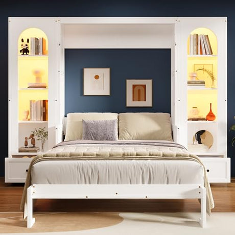 GDFStudio Queen Size Murphy Bed Frame with Shelves, Side Cabinets, Drawers & LED Lights, French Style Wall Bed with Desk, Solid Pine Wood & MDF Space-Saving Furniture, White GDFStudio