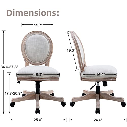 LukeAlon Vintage Linen Office Chair, Adjustable Height Swivel Task Chair with Wood Frame Armless Desk Chair with Wheels Upholstered Round Back Vanity Chair for Home Office Study Room, Beige LukeAlon