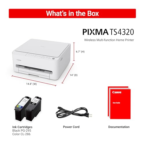 Canon PIXMA TS4320 Wireless Color Inkjet Printer for Duplex Printing, White – Home Printer with Copier/Scanner, Compact Design, Easy Setup, 1 Year Limited Warranty