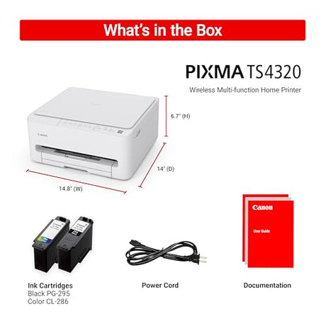 Canon PIXMA TS4320 Wireless Color Inkjet Printer for Duplex Printing, White – Home Printer with Copier/Scanner, Compact Design, Easy Setup, 1 Year Limited Warranty Canon