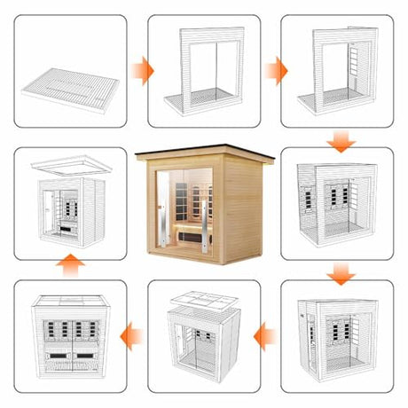 3-Person Far Infrared & Steam Dual-System Sauna Room, Outdoor Canadian Hemlock Wood Sauna, WiFi Control, Red Light Therapy, 11 Heaters & 4.5KW Harvia Stove, Left Door, 220-240V ZONEMEL