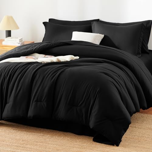 HIMEET Queen Comforter Set - 7 Pieces Bed in a Bag Queen Size, Luxury Comforter Set with Sheets for All Season, Bed Set with Comforter, Flat Sheet, Fitted Sheet, Pillowcases & Shams, Black HIMEET
