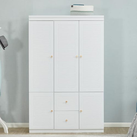 WonderWard 74" H Wardrobe with 3 Doors and 2 Storage Drawers, White Armoire Wardrobe Closet, Bedroom Closet with Hanging Rod, Clothing Wardrobe Closet, Wooden Louvered Wardrobe Closet. WonderWard