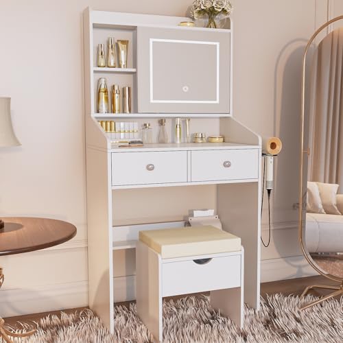 Viaozutis Vanity, Small Vanity Desk with Sliding Mirror, Dimmable LED Lights, 2 Drawers,Vanity Table Ideal for Bedroom (White) Viaozutis