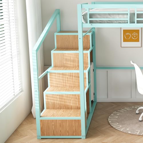 Ball & Cast Heavy Metal Full Size Loft Bed with Desk & Wardrobe,Bed Frame w/Built-in Staircase and Storage Rack,Gaming Bed w/Full-Length Guardrail,Space-Saving Bedroom Furniture for Adults,Green Ball & Cast