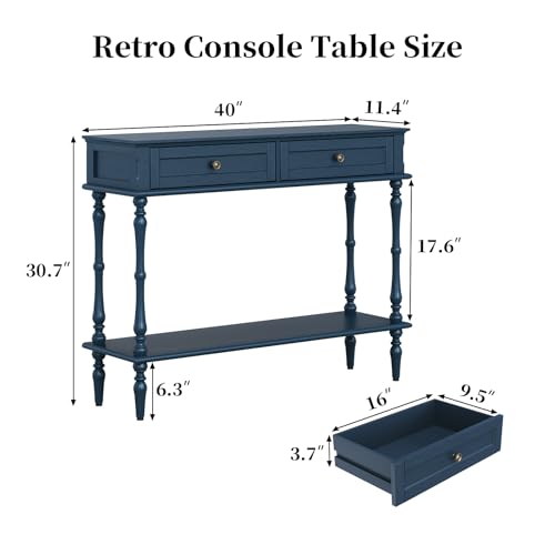 ARTPOWER Console Table for Entryway with 2 Drawers-Minimal Assembly,Blue Retro Entryway Table with Storage Cabinets and Open Shelf,Narrow Long Couch Table Behind Sofa for Living Room,Foyer,Hallway ARTPOWER