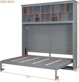 Queen Horizontal Murphy Bed Cabinet with Storage Bookcase Shelves and Charging Station,Wood Folding Grey Murphy Wall Bed for Adult (Grey) MERITLINE