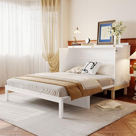 Ball & Cast Murphy Bed Cabinet Queen Size,Wood Wall Hideaway Platform Bed Chest with Built-in Charging Station and Desktop,Can Be Used As Cabinets,Space-Saving,for,Dorm,Apartment,Studio,Office,White Ball & Cast