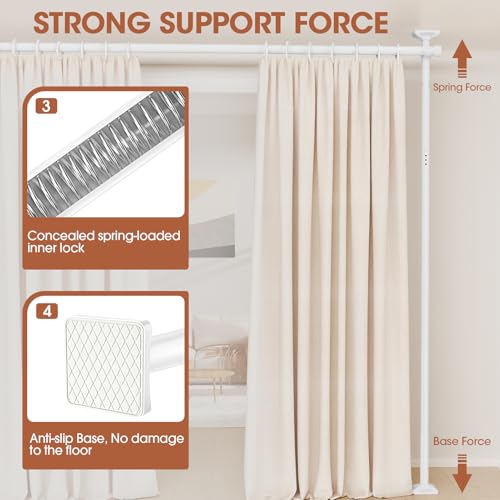 SUNALLY Room Divider No Drilling Curtain Rod Wall Divider for Room Separation, 4-10ft(H) 28-114inch(W) Adjustable, Heavy Duty Partition Space Separator Freestanding Tension Curtain Stand, White SUNALLY