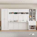 Merax Queen Murphy Bed with Tall 90.6" Closet Wardrobe & Shelves & Drawers, All-in-One Multi-Storage Side Flip Wood MDF Murphy Cabinet Bed Desk, Open/Close Hydraulically (White) Merax