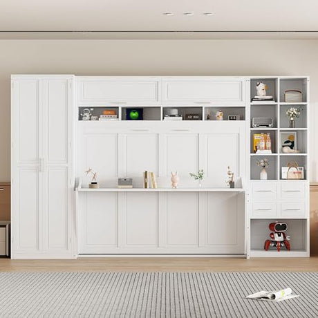 Merax Queen Murphy Bed with Tall 90.6" Closet Wardrobe & Shelves & Drawers, All-in-One Multi-Storage Side Flip Wood MDF Murphy Cabinet Bed Desk, Open/Close Hydraulically (White) Merax