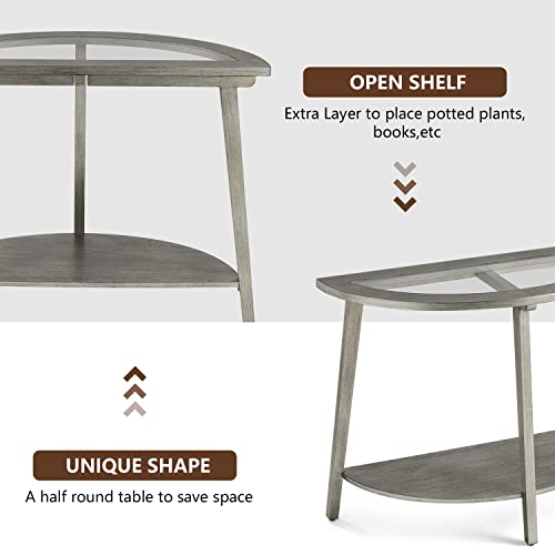 COSIEST 2-Tier Glass Console Table, Semi-Circular MDF Entryway Table with Storage Shelf, Modern Wood Sofa Side Table for Bedroom Living Room Hallway, Antique Silver COSIEST
