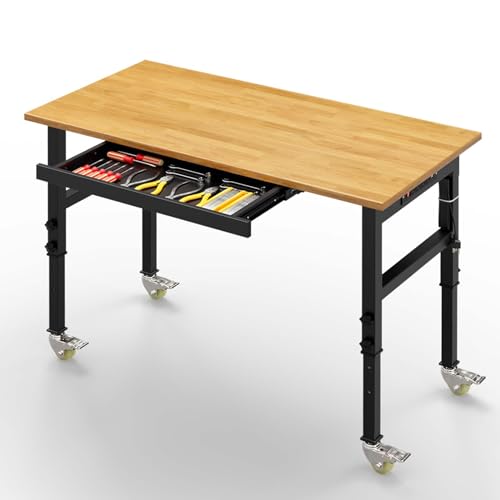 48" Adjustable Workbench, 2000 LBS Load Capacity Heavy Duty Table, Hard Wood Work Bench with Power Outlets, Wheels and Drawer for Garage, Workshop, Home, Office, Easy to Assemble - WoodArtSupply