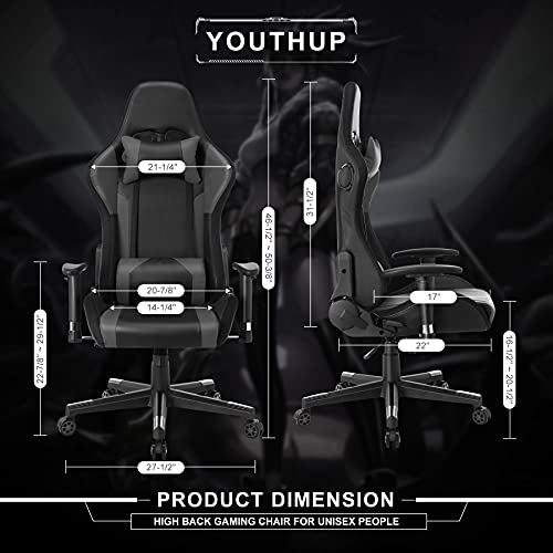 Gaming Chair with Speakers Video Game Chair with RGB LED Lights Ergonomic Racing Office Chair PU Leather Recliner Computer Chair Swivel E-Sports Chair with Lumbar Support Headrest Armrest, Black YOUTHUP