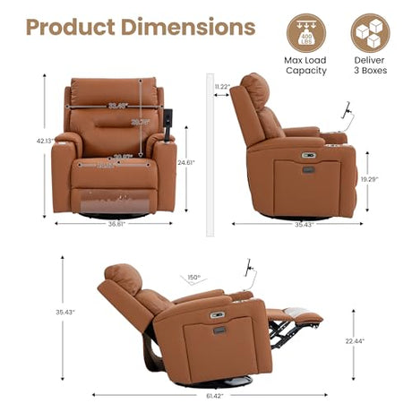 PU Leather Power Swivel Glider Recliner w/ Adjustable Headrest & Lumbar, Electric Nursery Rocking Chairs with Side Storage Space, USB Port, Phone Stand, Stry Table, Cup Holder for Nursery & Home,Brown FiveWillowise