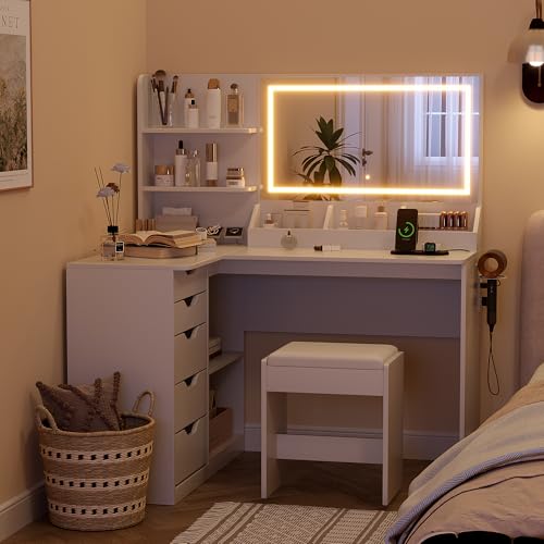 YESHOMY Vanity Desk with Lights and Mirror, L Shaped Makeup Table with Stool, Dresser with Hairdryer Holder and Power Outlet, Adjustable 3 Lighting Modes, 5 Drawers and Open Storage Shelves, White