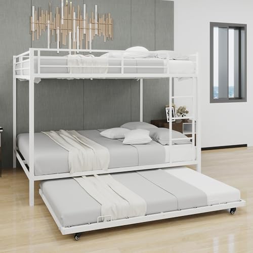 HSUFLWS Metal Queen Over Queen Bunk Bed with Trundle, Heavy Duty Bunk Beds with Full-Length Guardrails & Double Side Ladders, 3 Bunk Beds for Kids Teens Adults, Noise-Free (White, Queens Over Queens) HSUFLWS