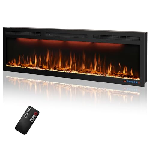 60 inches Electric Fireplace, Recessed and Wall Mounted Fireplace Heater and Linear Fireplace Inserts, with Timer, Remote Control, Adjustable Flame & Light Colors, 750W/1500W, Black Dreamflame