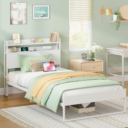 Elephance Twin Bed Frames with Charging Station and Storage Headboard, No Box Spring Needed, Noise Free, Easy Assembly Elephance