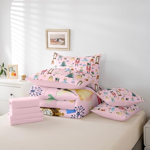 Erosebridal Pink Christmas Twin Size Comforter Set with Sheets Kids Nutcracker 7-Piece Bedding Set Carousel Soldier Bed in a Bag Ballet Girl Xmas Tree Bed Quilt Sets for Boy Girl Teen Adult Erosebridal
