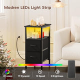 Vagusicc Set of 2 Black Nightstand with Charging Station and LED Lights, Narrow Side Table, LED Night Stand with 2 Fabric Drawers, Bedside Table Small End Table, Tall Nightstand for Bedroom, Black Vagusicc
