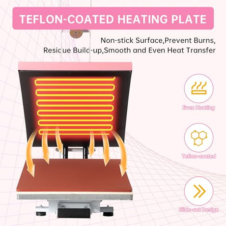 Heat Press Machine 16x24 Slide Out, Auto Open Semi Automatic Sublimation Transfer for T-Shirts, Bags, Ceramics (16x24 Auto Open Pink) TransferMuse