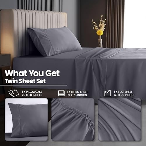 Utopia Bedding Twin Size Extra Deep Pocket Sheet Set – Fits Mattresses Up to 21 inches – Cooling, Soft & Breathable – Oeko-Tex 3 Piece Bed Sheets (Grey) Utopia Bedding