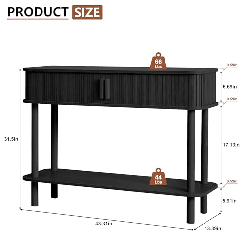 RARZOE Console Table with Storage, Fluted Entryway Table with Sliding Door&Open Shelf, Sofa Table Behind Couch, Mid-Century Modern Accent Table for Hallway, Entrance, Foyer, Fully Assembled(Black) RARZOE
