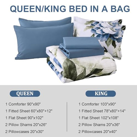 Dobuyly Blue Queen Comforter Set 7 Piece Bed in a Bag Queen, Blue Floral Print on Light Blue Comforter Set with Sheets, Soft Microfiber Complete Bedding Set for All Season Dobuyly
