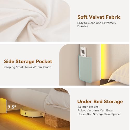 MapleGrace Full Size Floating Bed Frame with LED Lights, Velvet Upholstered Bed Frame with Headboard, Rounded Corners, Charging Station, No Box Spring Needed, Easy Assembly, White MapleGrace