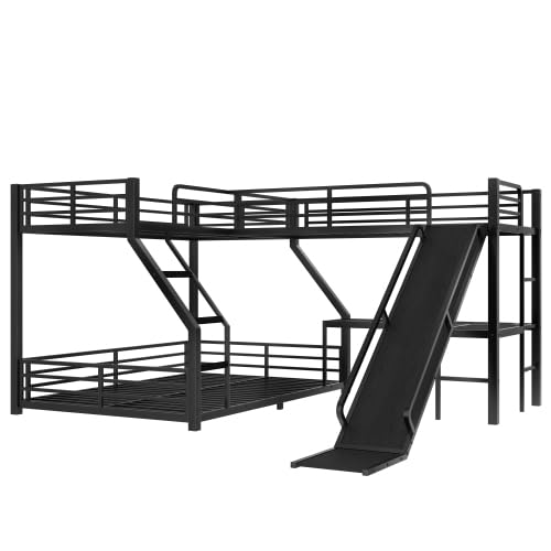 Bellemave L-Shaped Triple Bunk Bed Twin XL Over Queen with Slide, Desk & USB Ports, Metal Floor Bunk Beds with 2 Ladders & Guardrails for Kids Teens, Black Bellemave