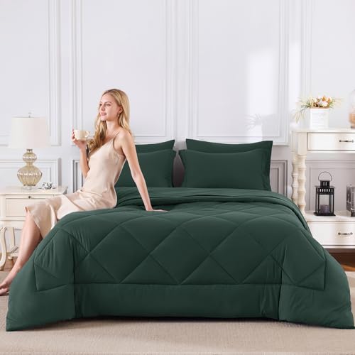 CozyLux Queen Comforter Set Forest Green - Bed in a Bag Queen Size 7 Pieces, Luxury Soft Bed Set for All Seasons, Bedding Set with Down Alternative Comforter, Sheets, Pillowcases & Shams CozyLux