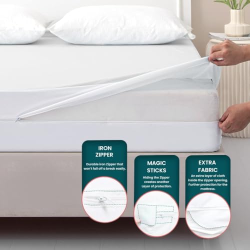 Zippered Mattress Encasement, Full Size Waterproof Mattress Protector, Breathable & Noiseless Absorbent 6-Sided Mattress Cover Cotton Passion