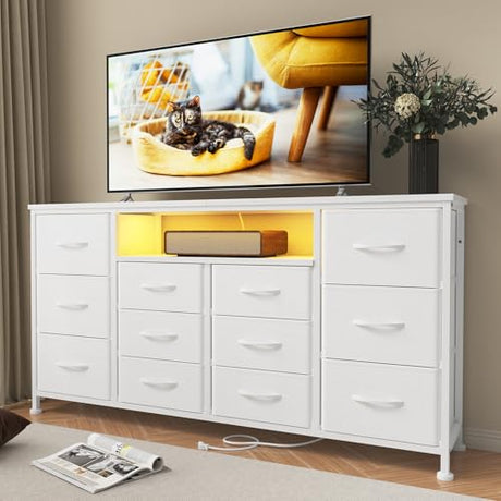 WODRAWER TV Stand Dresser for Bedroom with 12 Drawers for 60" TV, Fabric Drawers Entertainment Center with Power Outlets & LED Lights & Open Shelves, Long Dresser for Console, Living Room WODRAWER