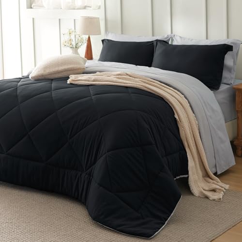 Bedsure Queen Comforter Set - 7 Pieces Reversible Black Bedding, Queen Size Bed Set for All Seasons, Bed in a Bag with Down Alternative Comforter, Sheets, Pillowcases & Shams Bedsure