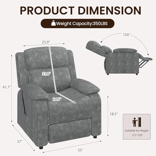 EROMMY Electric Recliner Chair, Oversized Power Recliner with USB Charging Port & Side Pockets, Heavy Duty Corduroy Reclining Sofa Chair, Wide Seat Living Room Chair for Adults, Dark Grey