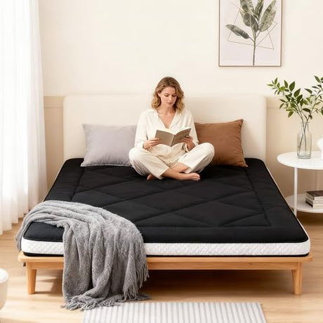 Welnow Japanese Futon Floor Mattress, Thick Full Size Tatami Mat Portable & Foldable Roll Up Floor Bed Mattress with Storage Bag, Sleeping Pad for Adults, Dorm, Guest Bed, Camping and Travel, Black Welnow
