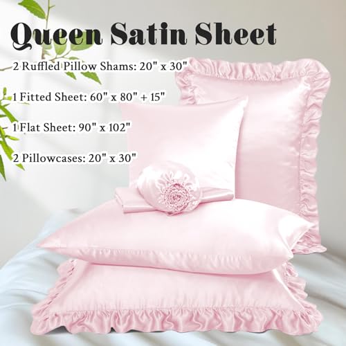 Homiest Ruffled Satin Sheets Queen Size 6pc Set - Blush Pink Bed Sheet Set with 15 Inch Deep Pocket Fitted Sheet, 1 Flat Sheet, 2 Ruffled Pillow Shams & 2 Pillowcases, Similar to Silk Sheets Homiest