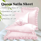 Homiest Ruffled Satin Sheets Queen Size 6pc Set - Blush Pink Bed Sheet Set with 15 Inch Deep Pocket Fitted Sheet, 1 Flat Sheet, 2 Ruffled Pillow Shams & 2 Pillowcases, Similar to Silk Sheets Homiest