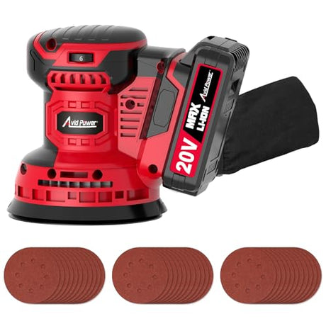 AVID POWER 20V Cordless Orbital Sander 5 Inch Electric Sander Tool with 6 Variable Speeds 7000-11000 RPM Battery Powered Sanders for Woodworking, 30 Pcs Sandpapers and Dust Collection Bag AVID POWER