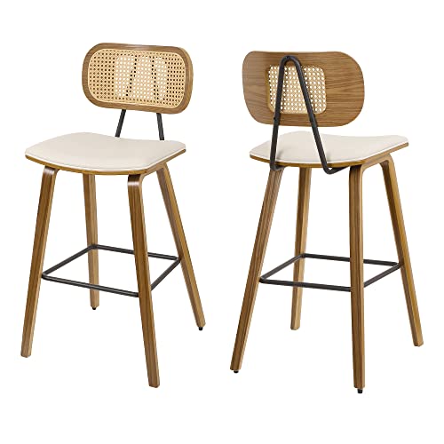 Mid-Century Modern 26" Cream White Bar Stools Set of 2 with Rattan Back