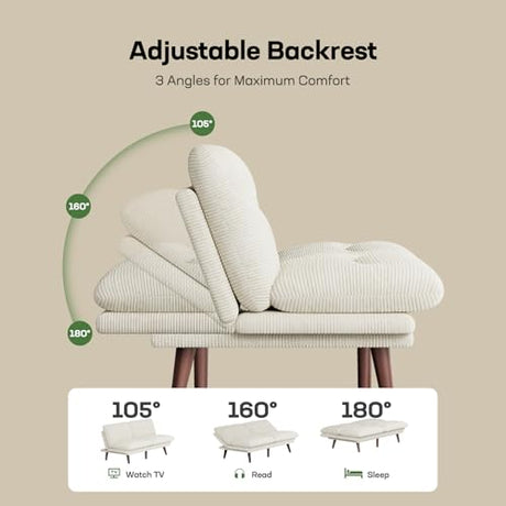 Marsail Futon Sofa Bed, Corduroy Futon Couch with Adjustable Backrest & Armrests, Convertible Small Sleeper Sofa Bed for Small Apartments, Study Room, Office, White Marsail