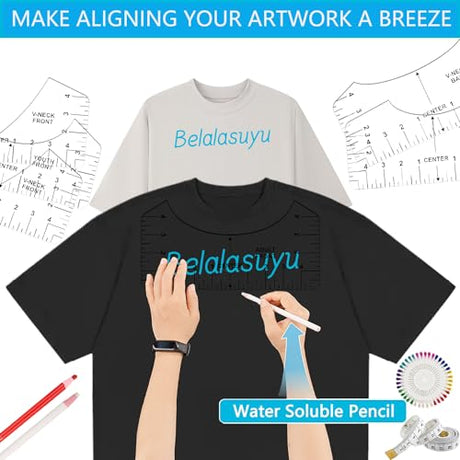 12Pcs Tshirt Ruler Guide for Vinyl Alignment, T Shirt Rulers to Center Designs Pocket Logo, Fit for Heat Press, Alignment, Children Youth Adult, Front and Back Measurement Belalasuyu