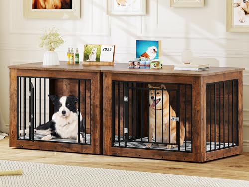 YITAHOME 76 Inch Double Dog Crate Furniture, XXL Dog Crate Furniture for 2 Dogs, Side End Table, Waterproof, Safety Corners, 2-in-1 Iron-Wood Fusion Dog Kennel Furniture for 2 Large Dogs,Rustic Brown YITAHOME
