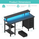 Lufeiya Black Gaming Desk with LED Lights and Power Outlets, 47 inch Computer Desk with Fabric Drawers and Storage Shelves, Home Office Desk with Monitor Stand, Black Lufeiya
